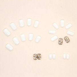 Press on Nails Coffin Short Length Natural, 24 Pcs Full Cover Reusable Square False Nails with Glue Artificial Acrylic Fake Nails with Rhinestone Designs, Stick on Nails for Women, Glue on Nails White