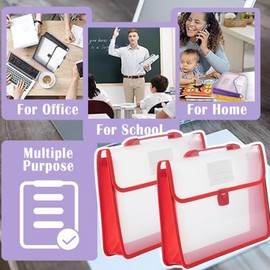 2PCS File Folder with Handle,PP Plastic Transparent A4 Portfolio Oxford Cloth Edge Waterproof and Button ClosureTransparent Accordion File Organizer Document Organizer for School Office (red)