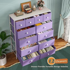 Romorgniz Tall Dressers for Bedroom with 12 Drawers, Fabric Storage Dressers & Chests of Drawers, Sturdy Metal Frame, Wood Top, Closet, Entryway, Bedroom Furniture (Purple)