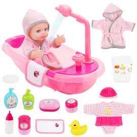 deAO Baby Doll Set with Bathtub,Doll Bath Set - Real Working Bathtub with Detachable Shower Spray