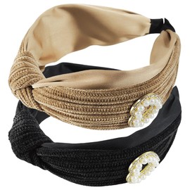 scicent Headbands for Women's Hair 2 Pcs Wide Knotted Hair Bands for Daily Wearing Solid Color Fabric Hairband with Glitter Pearls Non-Slip Head Bands Bridal Hair Accessories - 29113