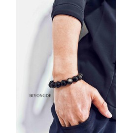 BIYONGDE Mens Natural Silver Eye Black Obsidian Beaded Bracelet, Large 14mm Natural Gemstone Beads, Dark Black Color with Silver Hue Beads Bracelet,Stretchable Chunky and Manly looking
