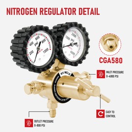 RX WELD Nitrogen Regulator with 0-1000 PSI CGA580 Inlet, Delivery Pressure Equipment Brass Inlet Outlet Connection Gauges with Refrigeration Hose