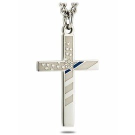 Shields of Strength Men's Stainless Steel Silver Police Thin Blue Line Flag Pendant Cross Necklace Proverbs 30:5 Bible Verse Christian Faith Gifts