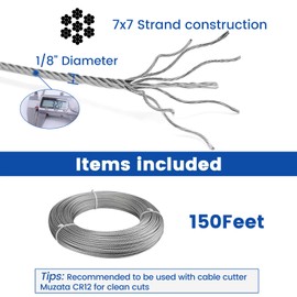 Muzata 150Feet 1/8inch Stainless Steel Wire Rope Aircraft Cable Railing Decking 7x7 Strand Indoor Outdoor DIY Balustrade String WR01,WP1
