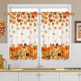 Cortinas cortas para cocina, con bolsillo para barra de hojas de arce de otoño para ventana, cortina de ventana pequeña, con calabaza, niveles de tratamiento de ventana para café, decoración de Acción