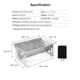 PHOJEWI Mini Portable Charcoal Grill,Small BBQ Grill Tabletop Fire Pit for Camping Patio Outdoor Grill Stainless Steel Camping Grill Folding Barbecue Grills Backpacking Grill
