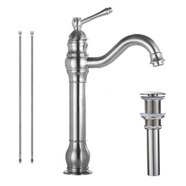 360° Swivel Bathroom Vessel Sink Faucet Brushed Nickel Tall Body Single Handle One Hole Bowl Sink Lavatory Vanity Faucet Matching Pop up Drain Without Overflow Commercial Deck Mount