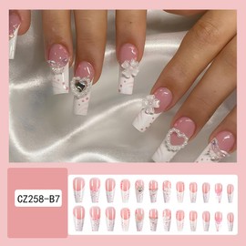 24Pcs Press on Nails Long Sweet Fake Nails Cute Butterfly Glue on Nails Square Shaped Acrylic Nails with Pearl Love Flower Designs White French False Nail Tips Long Square Stick on Nails for Women