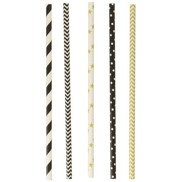 Charmed Black/Gold New Year Hollywood Star Party Stripe/Chevron Straw Mix (125 Pack), Assorted