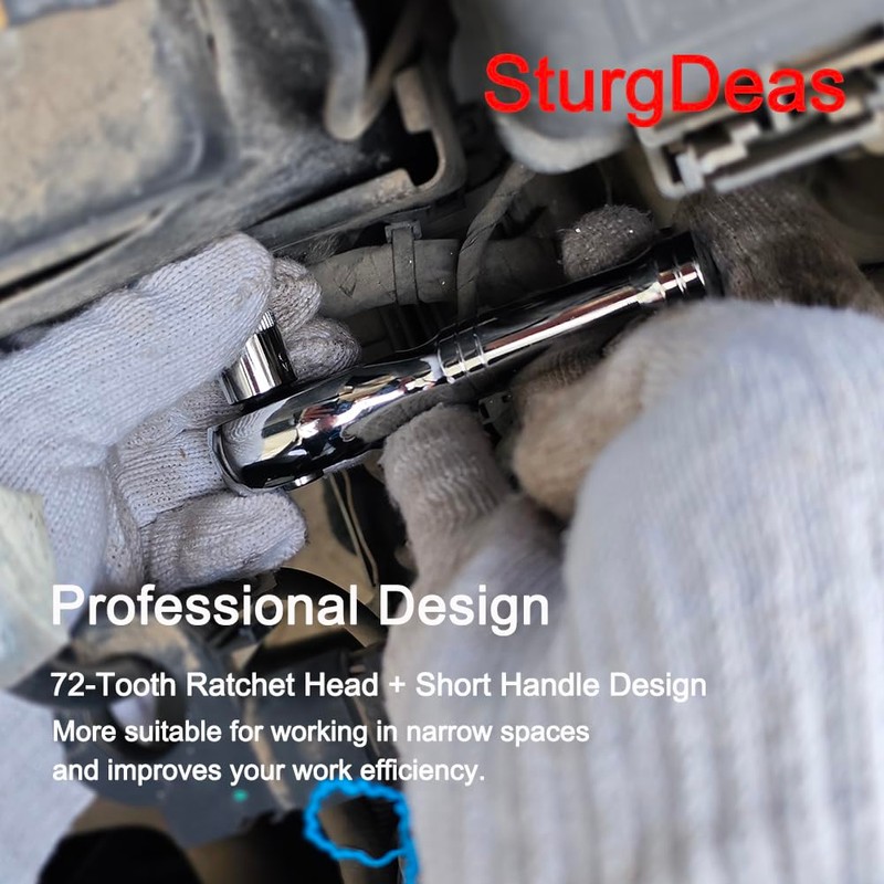 3/8-Inch Drive Ratchet Wrench, 72-Tooth Stubby Quick-Release Socket Wrench with
