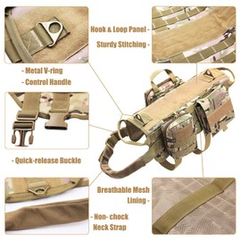 AIWAI Tactical Dog Harness with Pouches,Dog Vest Harness for Large Medium Dogs No-Pull Adjustable Military Dog Harness with Handle Walking Hiking Training (Camouflage(Leash), XL)