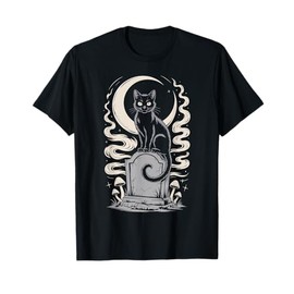 Black Gothic Cat Moon Tombstone Gravestone Dark Academia T-Shirt