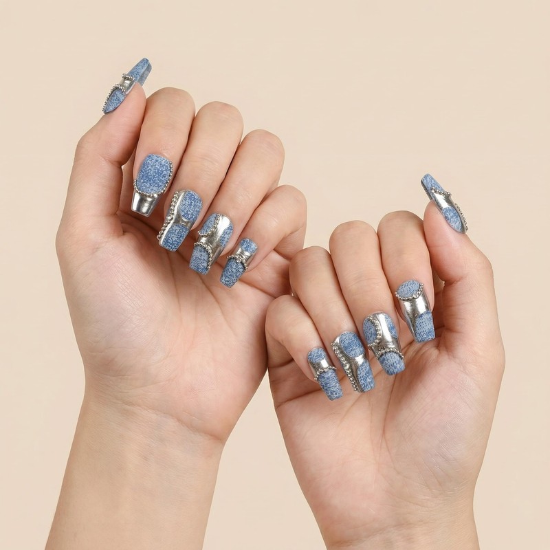 Sun&Beam Nails Handmade Nail Tips Short Coffin Denim Blue Silver