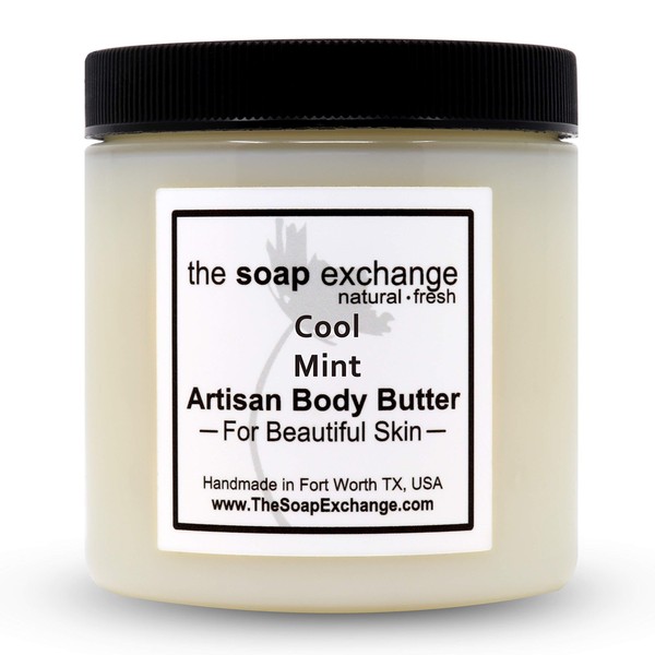 The Soap Exchange Body Butter - Cool Mint Scent - Hand Crafted 16 fl oz / 480 ml Natural Artisan Skin Care, Shea Butter, Aloe Vera, Nourish, Moisturize, & Protect. Made in the USA.
