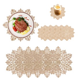 Norhogo 6 pcs Gold SnowFlake Placemats and 6 pcs Coaster Sets, Festival Table Decorations for Christmas, Wedding, Dinner Parties, Restaurant, Hotel (38cm)