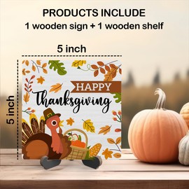 Fall Wood Plaque With Stand, Happy Thanksgiving Desk Sign Decor for Farmhouse Home Office Table Shelf, Rustic Thanksgiving Turkey Wood Sign Gifts for Women Men -06