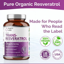 Purity Labs Pure Organic Trans Resveratrol Supplement with Quercetin, Vegan Antioxidant Nutritional Supplements for Heart, Skin, Hair, Nails | Sourced from Japanese Knotweed | 90 Capsules