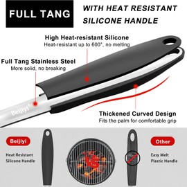 Beijiyi Stainless Steel BBQ Grill Tools Set, BBQ Grill Accessories for Outdoor Grill with Metal Spatula, Fork, and Tongs, Grilling Tools with Full Tang Silicone Handle, Barbecue Grill Cooking Utensils