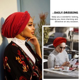 DRESHOW 1 Piece African Women's Turban Braid Headwear Headscarf Chemo Cap Pre-Tied Beanie Hat Head Wrap Sleep Hat, 1 x twisted braid: red