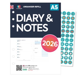 2026 A5 size organiser diary & notes refill insert Filofax A5 COMPATIBLE | Monthly/Weekly | English | UK holidays (2026 Diary&Notes)