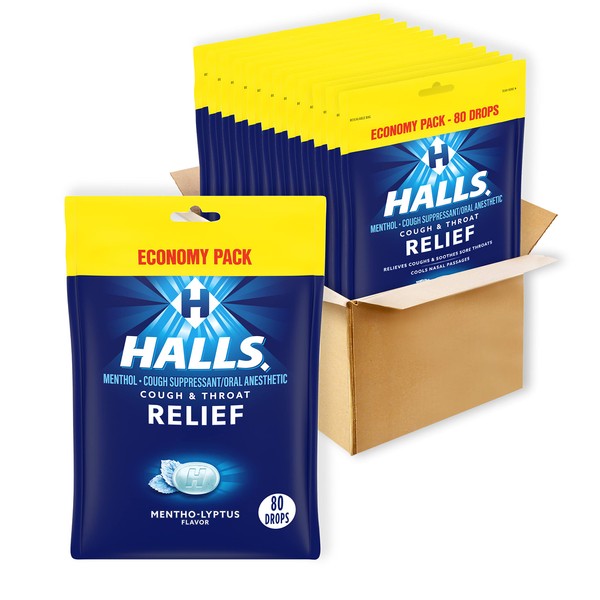 HALLS Relief Mentho-Lyptus Cough Drops, Economy Pack, 12 Packs of 80 Drops Bags (960 Total Drops)