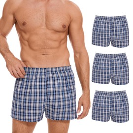 ShieldEase Incontinence Underwear for Men Washable - Reusable Boxer Briefs with Front Fly, Front & Rear Leak Proof, 120ml Absorbency (3 Pack, Plaid Blue White, S)