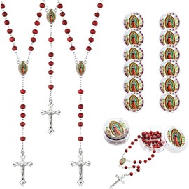 YRP 24 Pcs Lady Guadalupe Scented Rosary Beads Necklace with 24 Clear Gift Box First Communion Baptism Beaded Necklace Favor (Red)