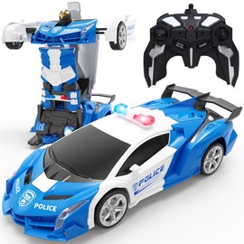 DEERC Transform Remote Control Car - 2.4GHz Robot RC Cars, 1:18 Scale Police Car Toy, 360° Rotating Drifting, Kids Ages 4-7 & 8-12 Birthday Gift - Color: Blue