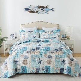 HoneiLife King Size Quilt Sets - 3 Pieces Coastal Bedspreads Beach Coverlets Ocean Bed Cover King Quilt Bedding Set Summer Quilts