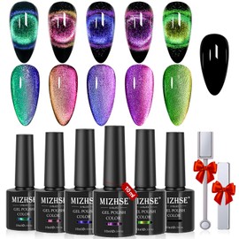 MIZHSE MIZHSE 9D Cat Eye Gel Nail Polish, Magnetic Cat Eye Gel Polish Set, 10ml*6 with 2 Magnets, Classic Colors Chameleon Magic Galaxy Effect Soak off Nail Art, Sparkle Stunning Gel Polish Gift for Women