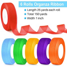 6 Rolls Organza Ribbon Sheer Chiffon Ribbon Transparent Chiffon Ribbons for Christmas Valentine's Day Gift Wedding Birthday Bouquet Garland Bow Making (25 Yards x 6 Rolls, Rainbow Series)