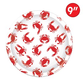 Beistle Crab Plates – 16 Pack, Round White & Red Disposable Dinner Plates, Coastal Seafood Party Supplies for Crab Feasts, Lobster Bakes, Summer Cookouts, Beach Parties & Nautical Celebrations, 9"