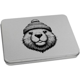 Azeeda 170mm 'Beaver wearing Woolly Hat' Metal Hinged Tin/Storage Box (TT00232997)