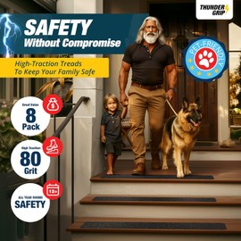 Thunder Grip Outdoor Stair Treads Non Slip 24" x 4" - 8-Pack Weather Resistant Exterior Grip Tape for Wooden Steps - Anti Skid Strips - Waterproof 80-Grit Adhesive Treads