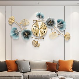 Axioglo Wall Clocks for Living Room Decor,Large Wall Clock,3D Creative Metal Ginkgo Leaf Design,with Silent Movement Wall Clocks for Home Wall Decor Clock（32"x18"）
