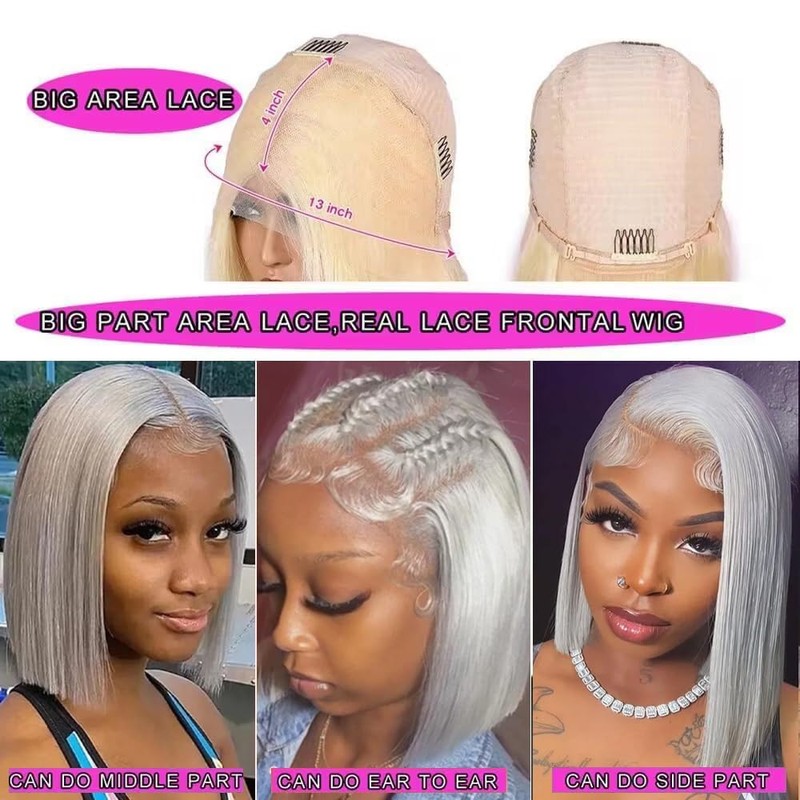 Grey Bob Wigs Human Hair 13x4 HD 14 Inch Straight