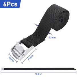 Pack of 6 short lashing straps, 1 m x 2.5 cm, black with clamping lock, adjustable with ratchet, fastening straps for bicycle carrier, motorcycle, car, rear carrier, luggage, load capacity up to 500
