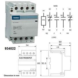 Controlsupply Contactor 2NO 2NC 4 Pole 2x2 Control 120V Coil, 50A 60Amp 40A 32Amp 30A Power Switching DIN 934022