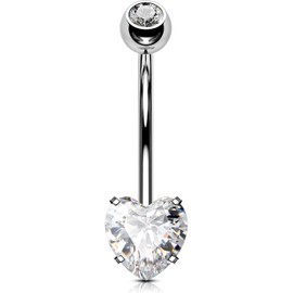 OUFER 14G Belly Button Piercing Titanium Heart Piercing Long Short CZ Gemstone Balls Belly Button Piercing Navel Bars Silver 1.6 mm Navel Ring Woman Gift Jewellery, Titanium
