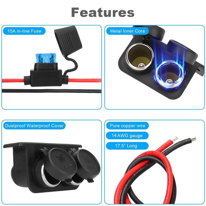 1PCS Cigarette Lighter Socket with Blade Fuse, 2-Socket Cigarette Lighter