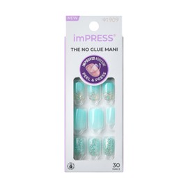 KISS imPRESS No Glue Mani Press-On Nails, Mini, Eternity', Medium Blue, Short Size, Squoval Shape, Includes 30 Nails, Prep Pad, Instructions Sheet, 1 Manicure Stick, 1 Mini File