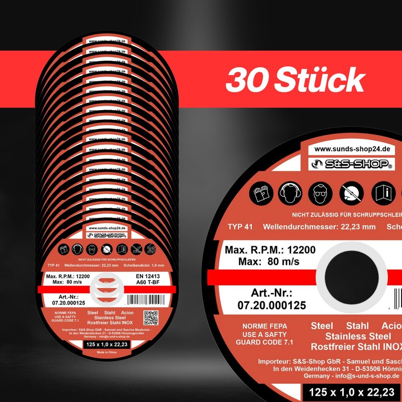 Pack of 30 Stainless Steel Cutting Discs Diameter 125 x