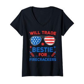 Womens Funny 4th of July Shirts Kids Will Trade Bestie Firecrackers V-Neck T-Shirt