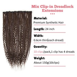 24 Inch Clip in Dreadlock Hair Extensions 10Clips Mixed Handmade Soft Curly Boho Wavy Synthetic Dreads Extensions for Women,Deep Brown