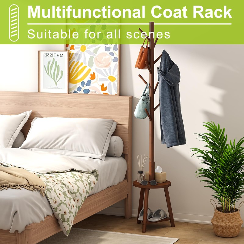 BMOSU Coat Rack freestanding Stand with 2 Shelves Bamboo Wooden