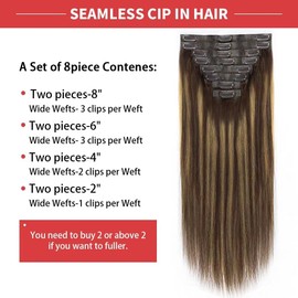 Tahikie Seamless Clip in Hair Extensions Real Human Hair Straight Balayage Chocolate Brown to Caramel Blonde 8pcs 120g Clip in Hair Extensions Remy Human Hair with Soft PU Weft(12inch,#4/27/4)