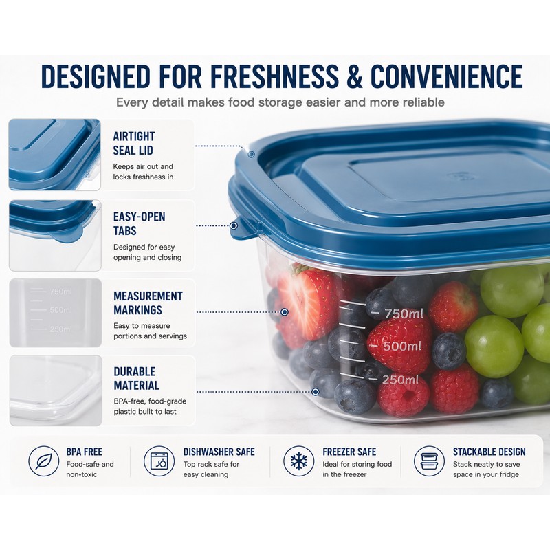 6-Piece Transparent Stackable Food Storage Containers with Blue Measurement Markings