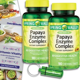 Choice Bundle Spring Valley Papaya Enzyme Complex Chewable Tablets Dietary Supplement 180 Ct 2 pk (360 Total) - Plus Vitamin Guide & Pill Container (4 Items)!