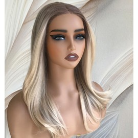 QDBOWIN QUEEN HAIR Pre Cut Lace Glueless Wear and Go Warm Blonde Highlight Mix Brown Synthetic Lace Wig for Women Middle Part Pre Plucked Hairline HD Lace 16 Inch Straight Layered Wig for Daily Use